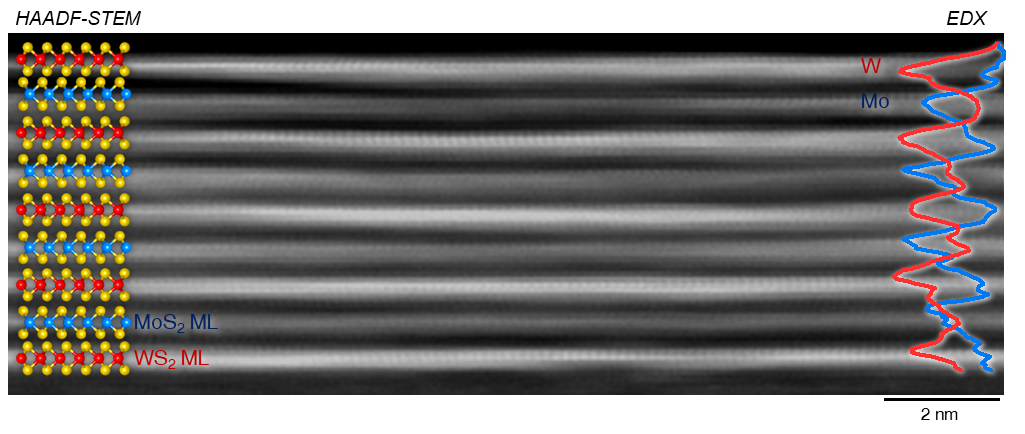 Figure. ML-by-ML vdW heteroepitaxy of MoS2/WS2 superlattices (Nature Nanotechnology 2021).