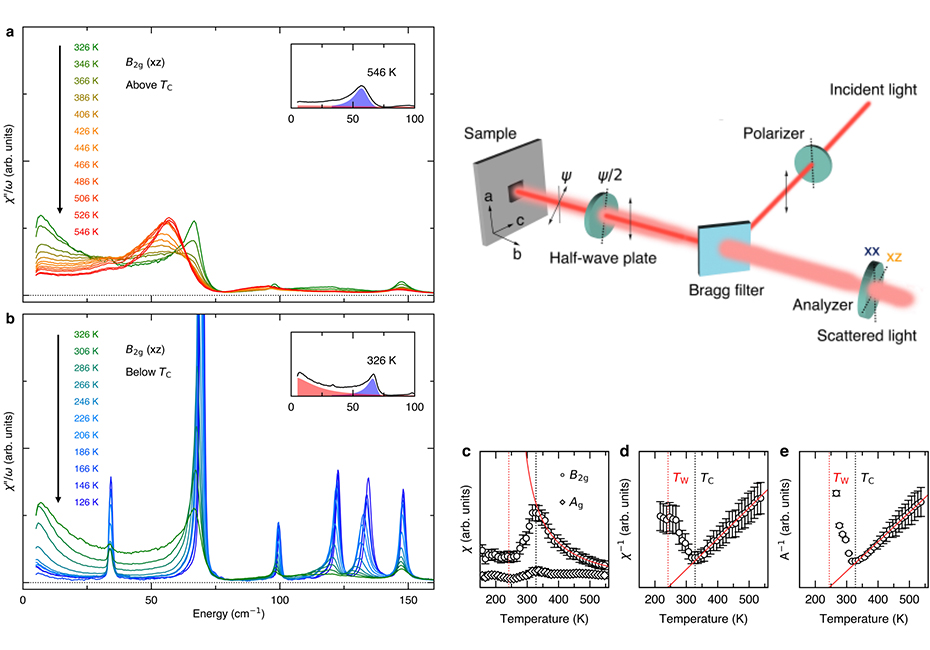 Figure 1. Static electronic susceptibility of Ta2NiSe5 extracted Raman spectra. a,b, Quasielastic scattering intensity increases near the transition temperature (TC=325 K) and c,d,e, static electronic susceptibility follows Curie-Weiss behavior.